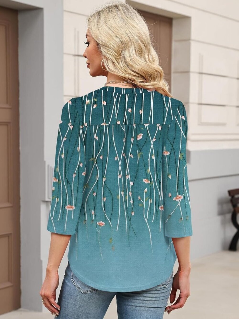 Women's 3/4 Length Sleeve Tops Dressy Casual Henley V-Neck Tops Wine Blue Leaves - Picture 5 of 5